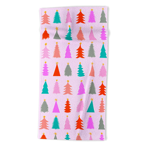 Dominique Vari Words Christmas Tree Pattern on Pink Beach Towel