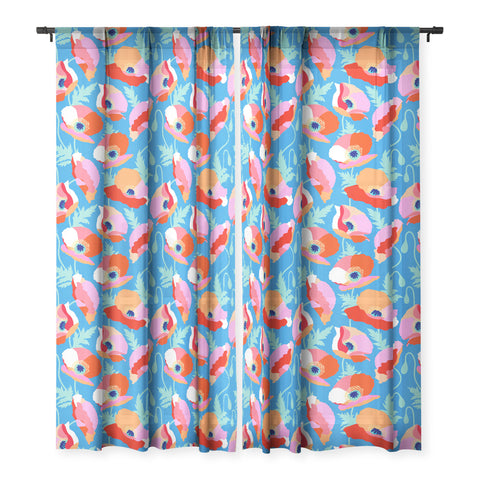 Dominique Vari Words Happy Poppies 1 Red and pink Sheer Window Curtain