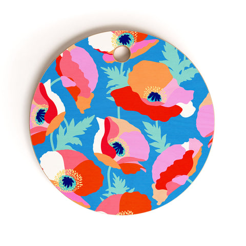 Dominique Vari Words Happy Poppies 1 Red and pink Cutting Board Round