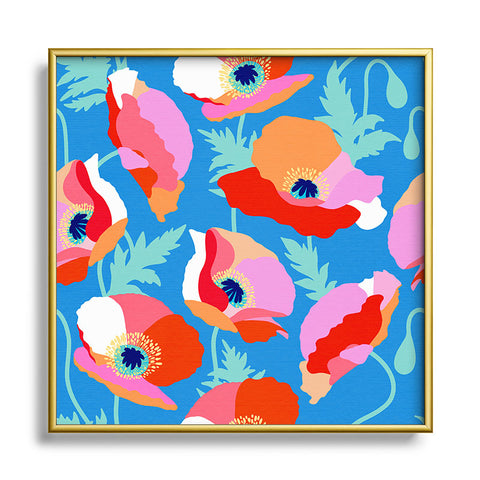 Dominique Vari Words Happy Poppies 1 Red and pink Square Metal Framed Art Print
