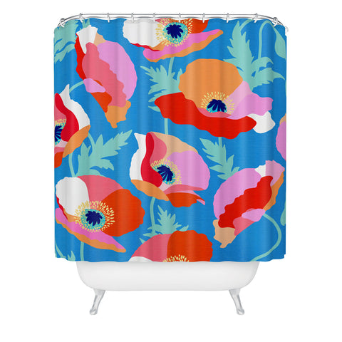 Dominique Vari Words Happy Poppies 1 Red and pink Shower Curtain