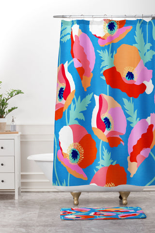 Dominique Vari Words Happy Poppies 1 Red and pink Shower Curtain And Mat