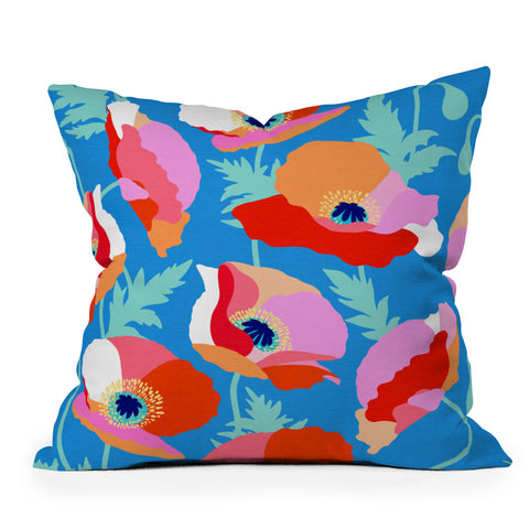 Dominique Vari Words Happy Poppies 1 Red and pink Throw Pillow