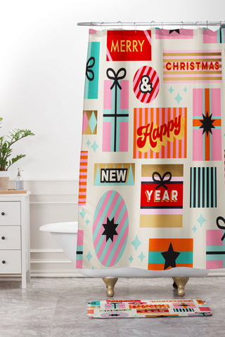 Dominique Vari Words Retro Christmas Gift pattern Shower Curtain And Mat