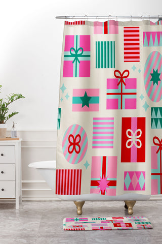 Dominique Vari Words Retro Geometric Christmas Gift Shower Curtain And Mat