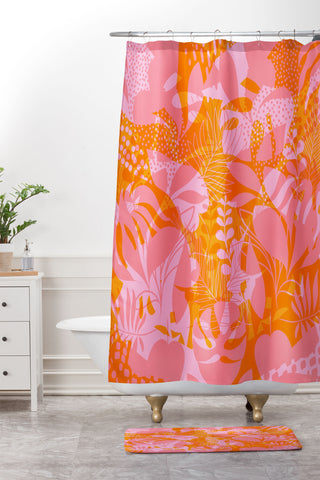 Dominique Vari Words Tropical Jungle Pattern Orange Shower Curtain And Mat