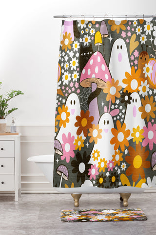 Dominique Vari Words Whimsy Halloween Retro Cats Ghosts Shower Curtain And Mat