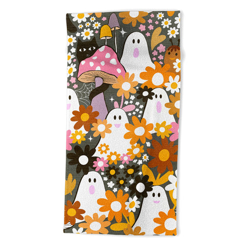 Dominique Vari Words Whimsy Halloween Retro Cats Ghosts Beach Towel