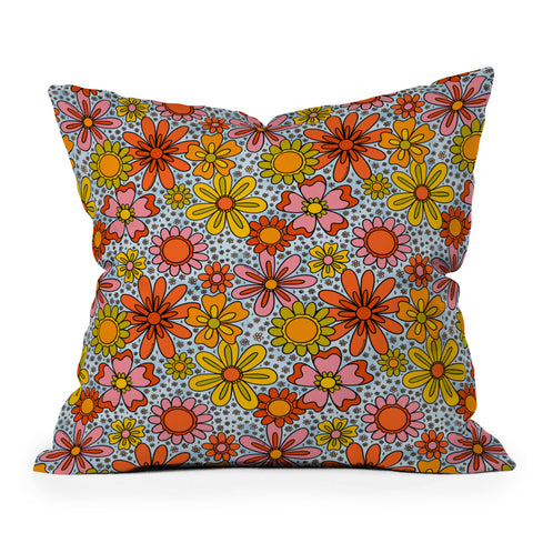 Doodle By Meg Groovy Flowers in Blue Outdoor Throw Pillow