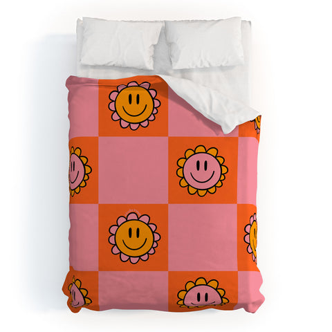 Doodle By Meg Orange Pink Checkered Print Duvet Cover