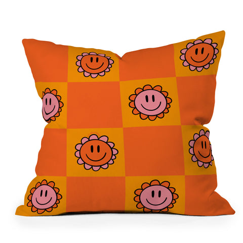 Doodle By Meg Orange Smiley Checkered Print Outdoor Throw Pillow