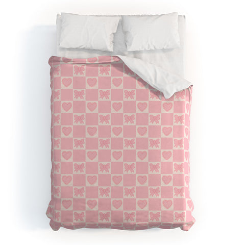 Doodle By Meg Pink Bow Checkered Print Duvet Cover
