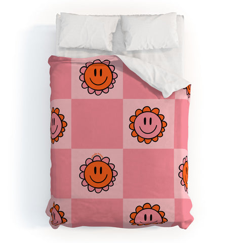 Doodle By Meg Pink Smiley Checkered Print Duvet Cover