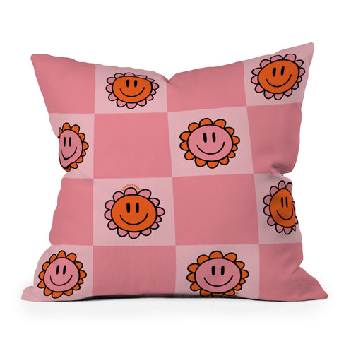 Doodle By Meg Pink Smiley Checkered Print Outdoor Throw Pillow