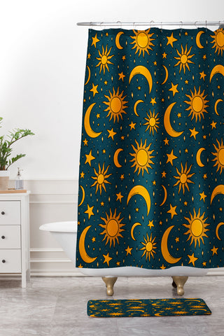 Doodle By Meg Vintage Sun and Star in Navy Shower Curtain And Mat