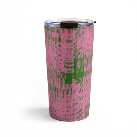 DorcasCreates Pink Green Mesh Pattern Travel Mug