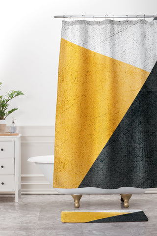 DreamPrintDesigns Modern Yellow Black Geometric Shower Curtain And Mat