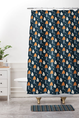 DreamPrintDesigns Orange Mushroom White Flowers Shower Curtain And Mat