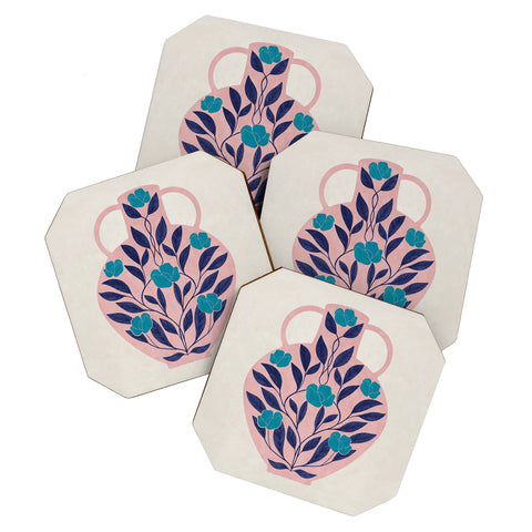 El buen limon Vase with blue roses Coaster Set