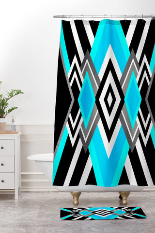 Elisabeth Fredriksson Turquoise And Black Shower Curtain And Mat