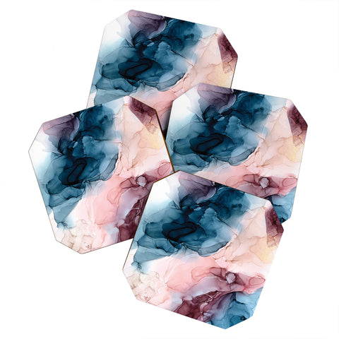 Elizabeth Karlson Pastel Plum Deep Blue Blush and Gold Painting Coaster Set