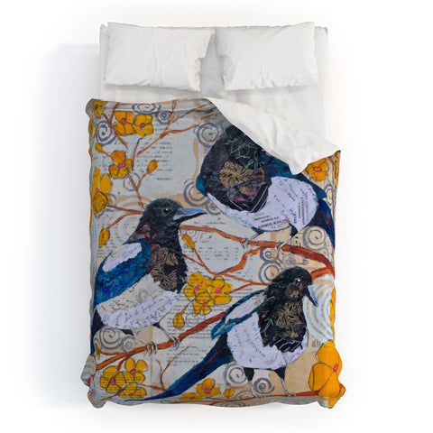 Elizabeth St Hilaire Magpies And Yellow Blossoms Duvet Cover