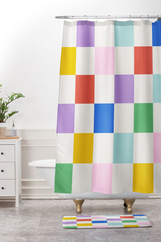 Emanuela Carratoni Checkered Rainbow Shower Curtain And Mat