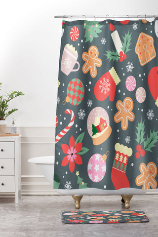 Emanuela Carratoni Ditsy Christmas Theme Shower Curtain And Mat