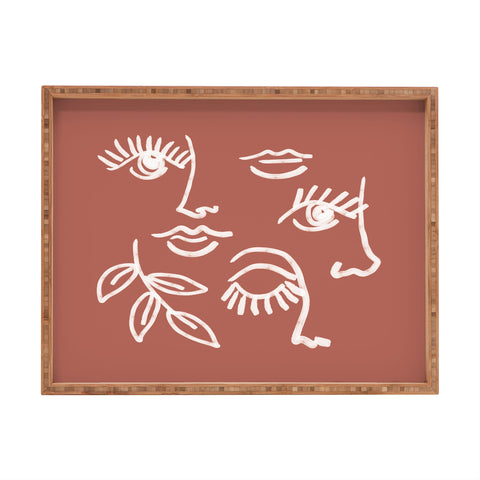 Emanuela Carratoni Line Art Portraits on Brown Rectangular Tray