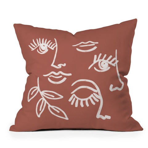 Emanuela Carratoni Line Art Portraits on Brown Outdoor Throw Pillow