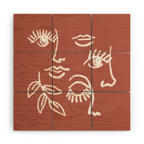 Emanuela Carratoni Line Art Portraits on Brown Wood Wall Mural