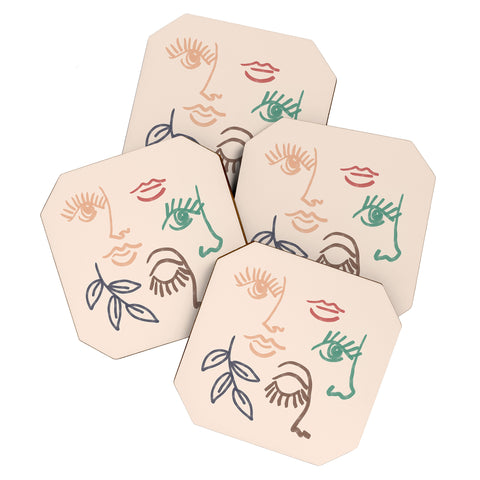 Emanuela Carratoni Multicolor Line Art Portraits Coaster Set