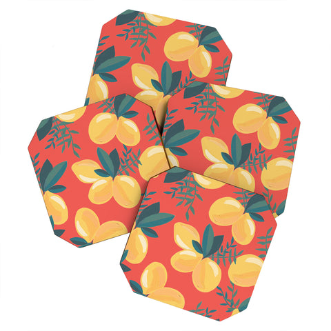 Emanuela Carratoni Painted Lemons on Red Coaster Set