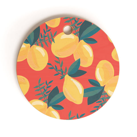 Emanuela Carratoni Painted Lemons on Red Cutting Board Round