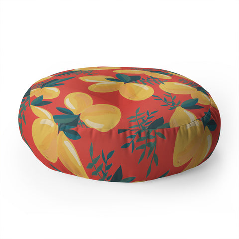 Emanuela Carratoni Painted Lemons on Red Floor Pillow Round
