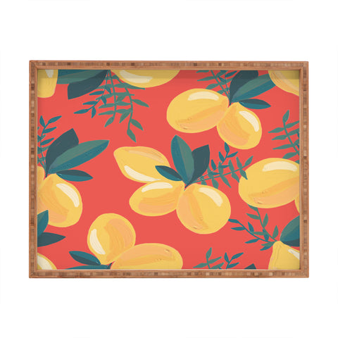 Emanuela Carratoni Painted Lemons on Red Rectangular Tray