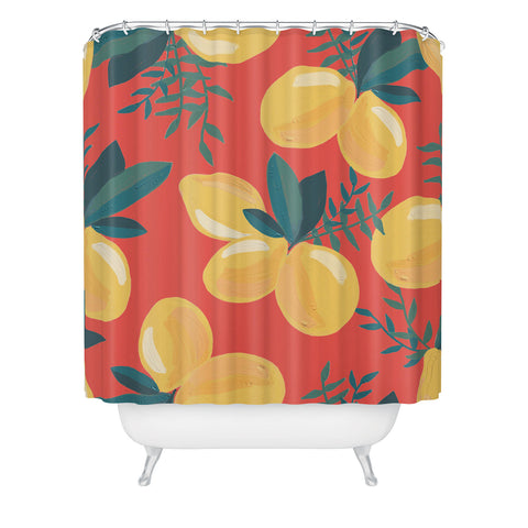 Emanuela Carratoni Painted Lemons on Red Shower Curtain
