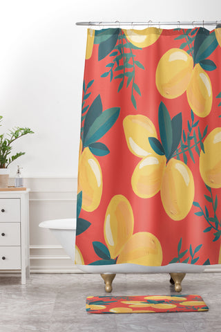 Emanuela Carratoni Painted Lemons on Red Shower Curtain And Mat