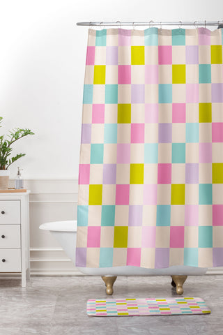 Emanuela Carratoni Pastel Checkered Theme Shower Curtain And Mat