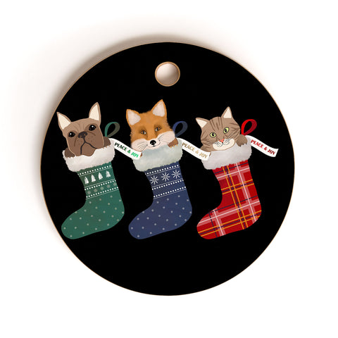 Emanuela Carratoni Pets in Christmas Stocking Cutting Board Round