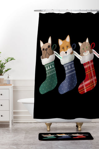 Emanuela Carratoni Pets in Christmas Stocking Shower Curtain And Mat