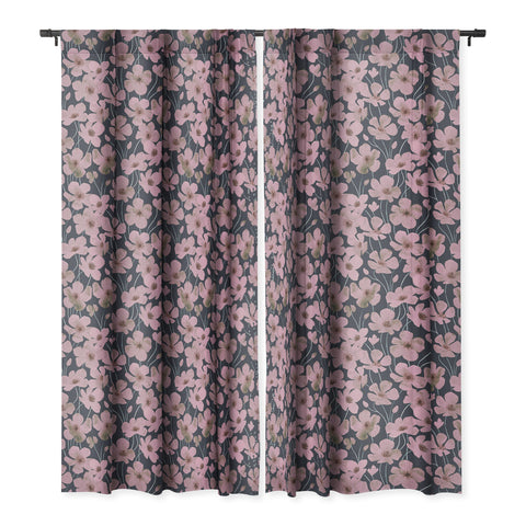 Emanuela Carratoni Pink Flowers on Blue Blackout Window Curtain