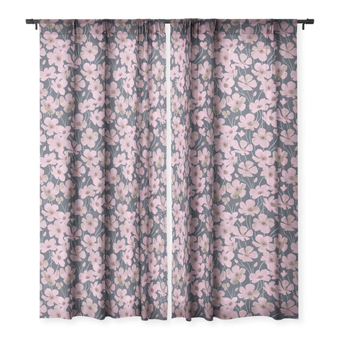 Emanuela Carratoni Pink Flowers on Blue Sheer Window Curtain