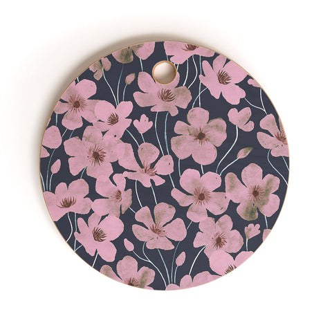 Emanuela Carratoni Pink Flowers on Blue Cutting Board Round