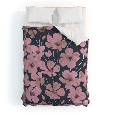 Emanuela Carratoni Pink Flowers on Blue Duvet Cover