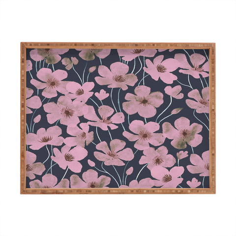 Emanuela Carratoni Pink Flowers on Blue Rectangular Tray