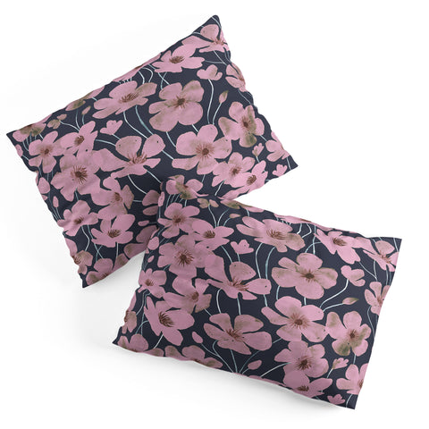 Emanuela Carratoni Pink Flowers on Blue Pillow Shams