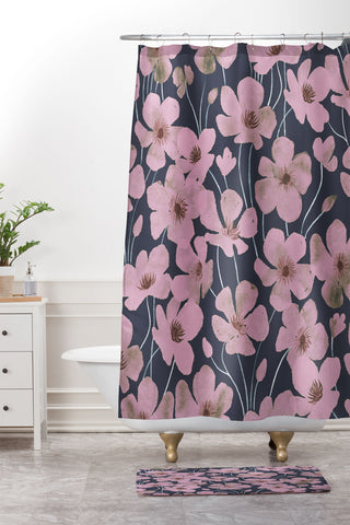 Emanuela Carratoni Pink Flowers on Blue Shower Curtain And Mat