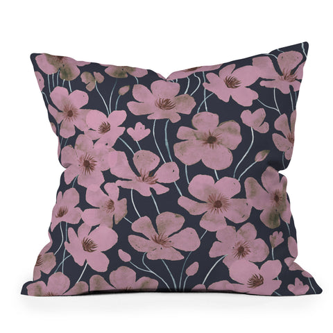 Emanuela Carratoni Pink Flowers on Blue Outdoor Throw Pillow