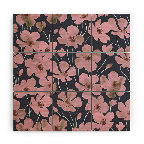 Emanuela Carratoni Pink Flowers on Blue Wood Wall Mural